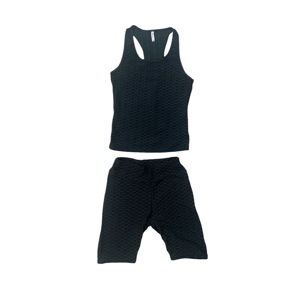 True Rock Womens Textured 2 pc Set Tank Top Biker Shorts Black S/M (0888)